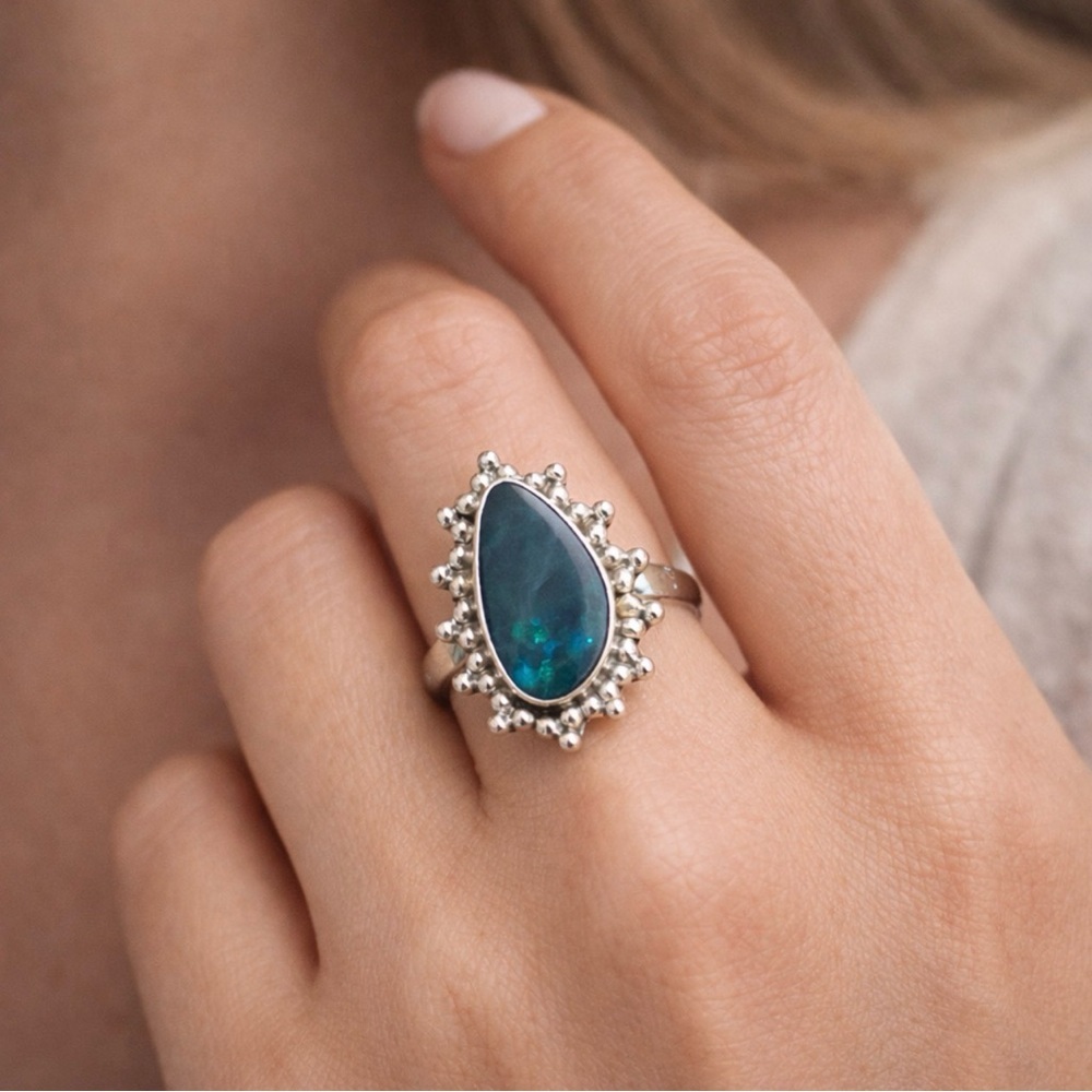 Australian Dark Blue Teal Opal Doublet 925 Silver Granulation Ring NEW 8 #528 - Picture 3 of 7